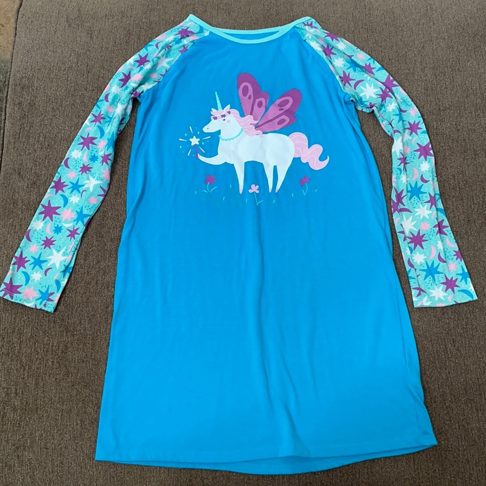 🌻3/$15 Girls 14/16 pajama night gown with unicorn 🦄 turquoise w/ purple ⭐️ 🌙